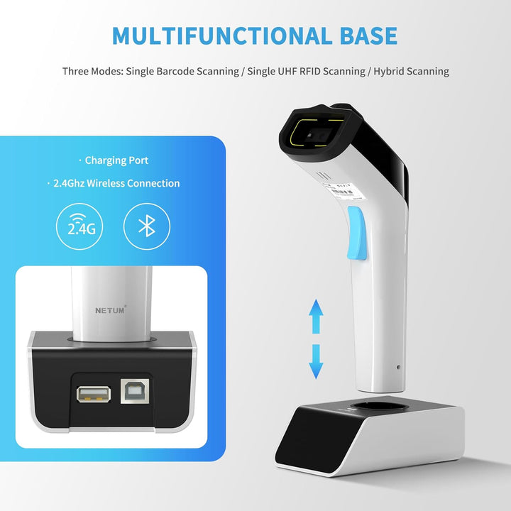 NETUM Wireless Hybrid RFID 2D-Barcode-Scanner, UHF-RFID-Tags-Leser und 1D/2D-QR-Barcode-Scan, Verbin