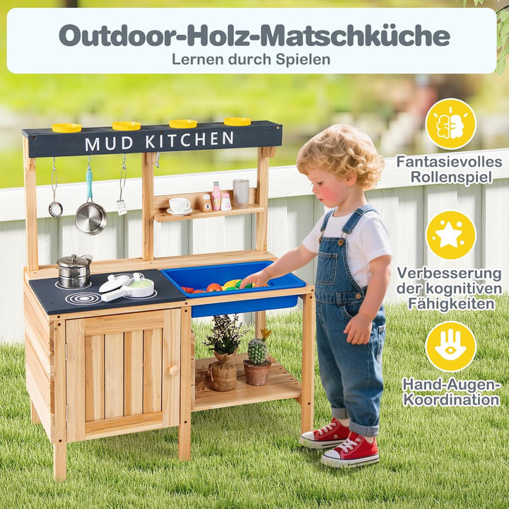 COSTWAY Matschküche Kinder Outdoor, Spielküche mit abnehmbarem Waschbecken & Zubehör, Holz Kinderküc