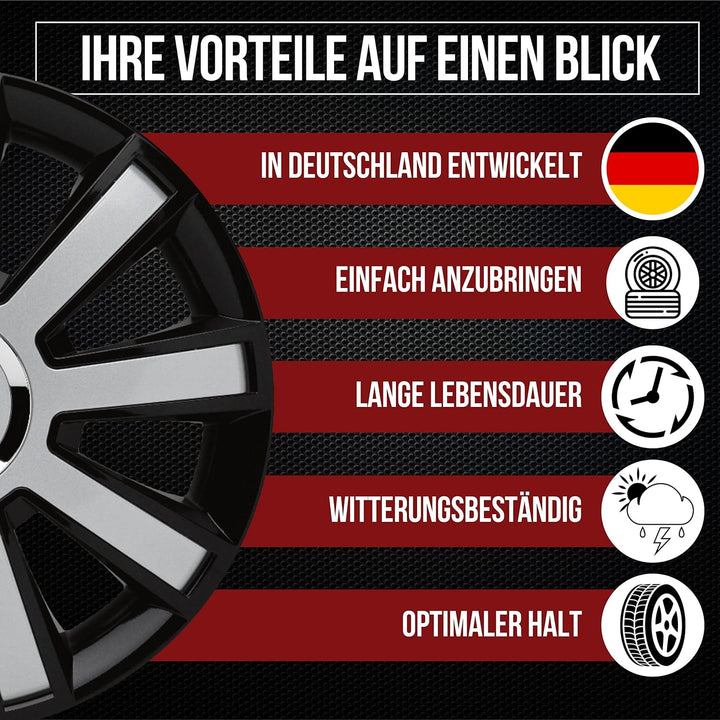 Albrecht 14 Zoll Radkappen schwarz/silber für Stahlfelgen - Flash Radzierblenden aus hochwertigem Ku