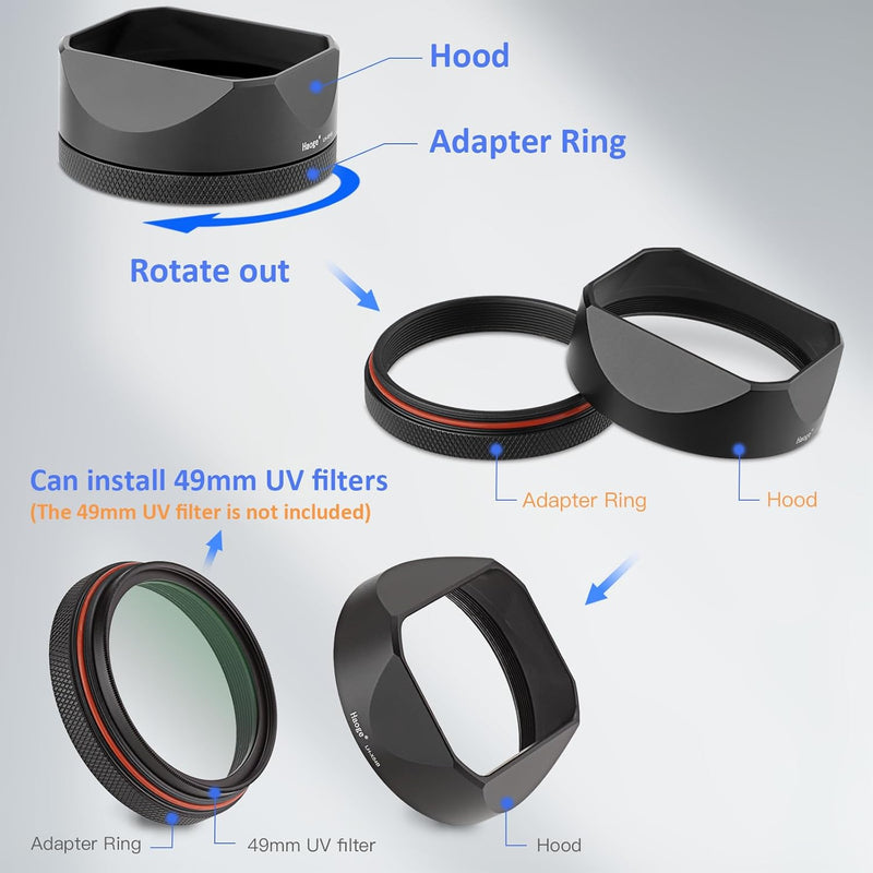 Haoge LH-X54B Metall Rechteckig Sonnenblende Gegenlichtblende mit 49mm Adapterring für Fujifilm Fuji