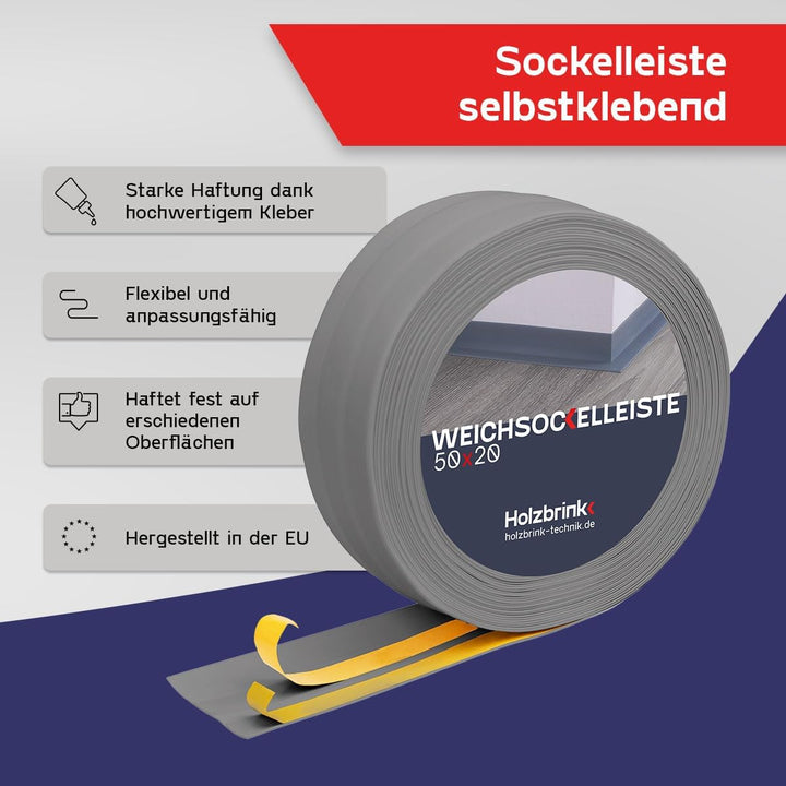 HOLZBRINK Weichsockelleiste selbstklebend HELLGRAU Knickleiste, 50x20mm, 25 Meter 25m Hellgrau, 25m