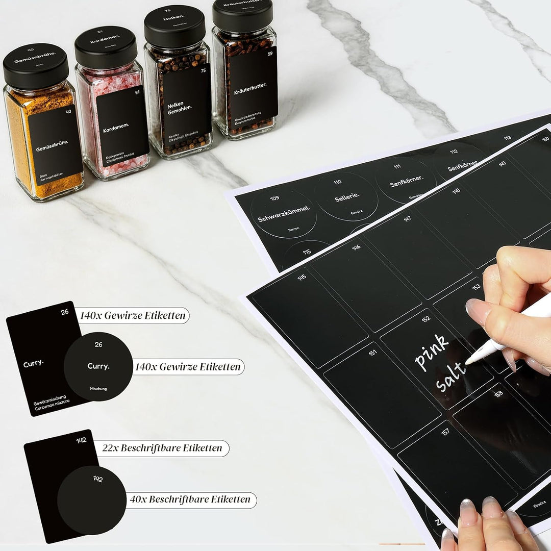 MHDCLY 24er Set Gewürzgläser mit Streueinsatz - 120ml Eckig Gewürzdosen Glas mit Deckel Schwarz - In