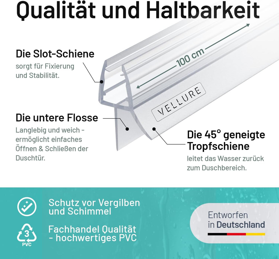 Vellure® Duschdichtung - NEU Premium Dichtung Dusche Glastür - Langlebige Duschtürdichtung unten, Gu