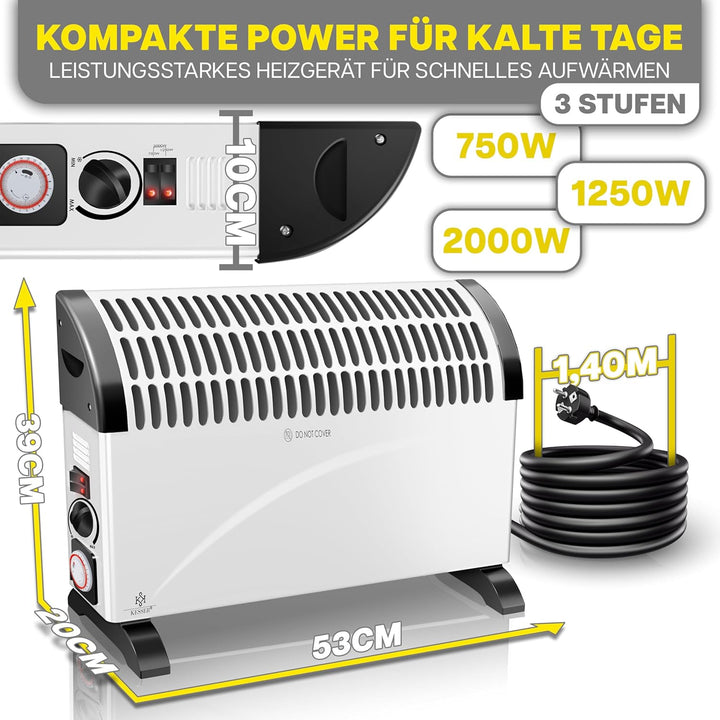 KESSER Konvektor 2000 Watt Heizgerät, 24h Timer | stufenlose Thermosteuerung | Turbo Heizung | 3 Stu