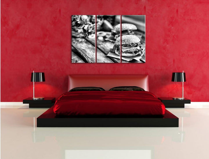 Pixxprint Leckere Burger als Leinwandbild | Grösse: 3 Teilig (120x80) | Wandbild| Kunstdruck | ferti