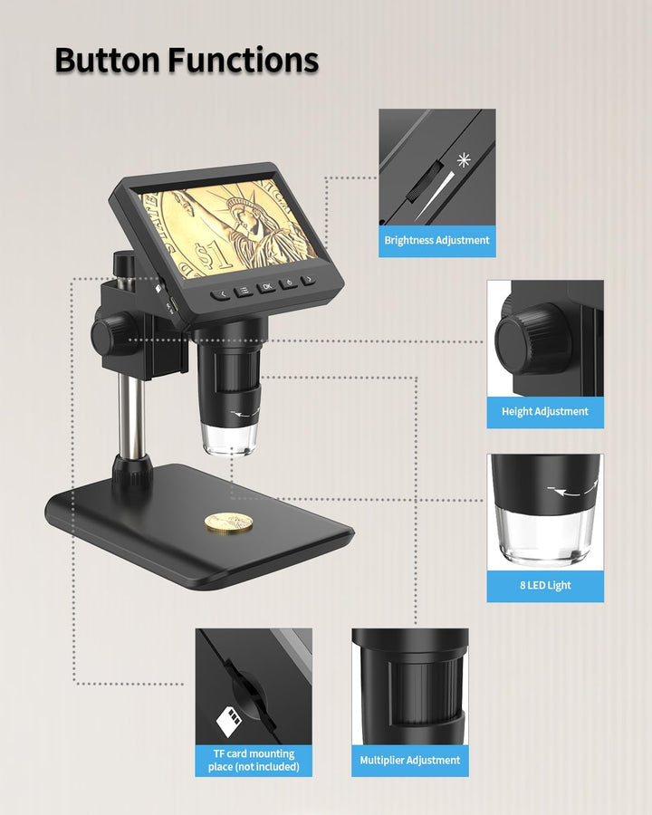AOPICK Mikroskop, LCD Digital Mikroskop 1000X 4,3-Zoll 1080P USB Mikroskop mit 8 einstellbaren LED L