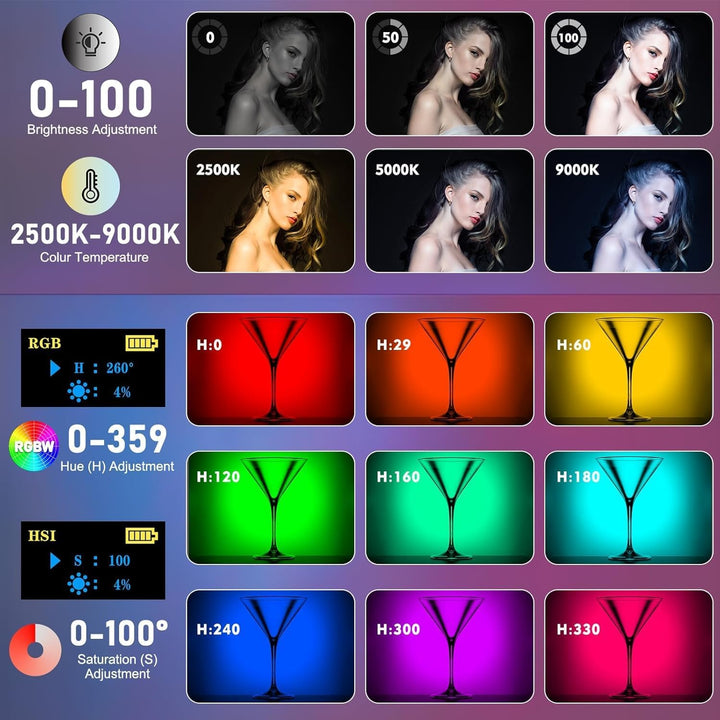 120 RGB LEDs Videoleuchte, Tragbares Selfie Licht mit HUE 0–359°, 20 Lichteffekten, CRI 95+, Profess