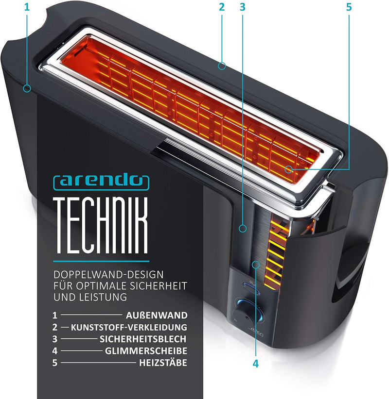 Arendo - Toaster Langschlitz 2 Scheiben - Defrost Funktion - 1000 W - Doppelwandgehäuse - Integriert