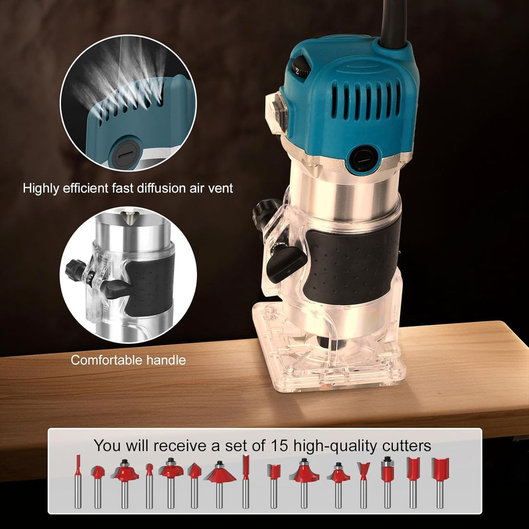 Holzfräse Oberfräse Electric - Fräsmaschine Hand Holz mit Koffer - 12 Set Zubehör 800 W 330000 R/min
