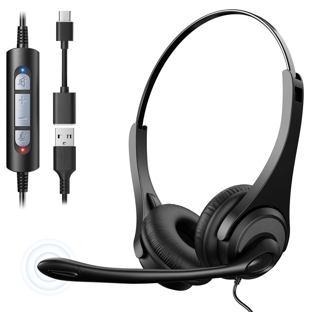 Voistek USB Headset mit Mikrofon für PC Laptop, Typ-C/USB-A, Wired Kopfhörer mit Geräuschunterdrücku