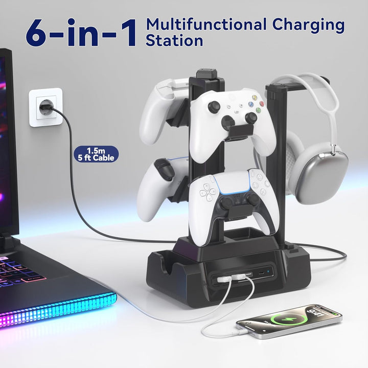 KDD USB Ladestation für Mehrere Geräte mit 4 Port, Handy Ladestation mit Headset und Controller Halt