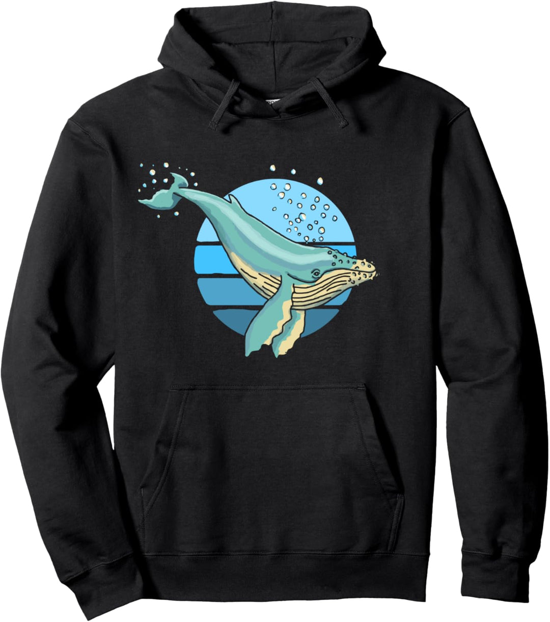 Minimalist Diving Humpback Whale 80's Vibe Retro Graphic Pullover Hoodie