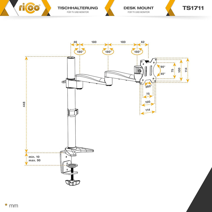 RICOO Monitor Halterung Tisch, VESA Tischhalterung für 13-30 Zoll, Monitorhalterung 1 Monitor Arm TS