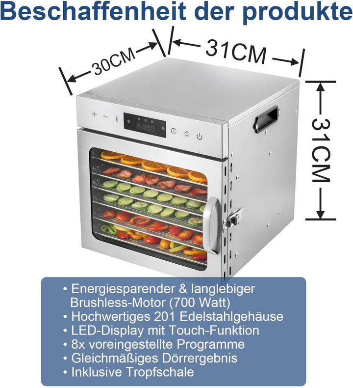 Trintion Edelstahl Dörrautomat 700W – Dörrgerät mit Edelstahlgitter, 30°-85°C, 6700 cm² Dörrfläche –