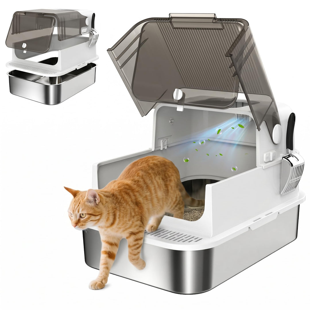 PawHut Katzenklo XXL Edelstahl mit Deckel 52L für grosse Katzen Weiss | Katzentoilette für Mehrere K