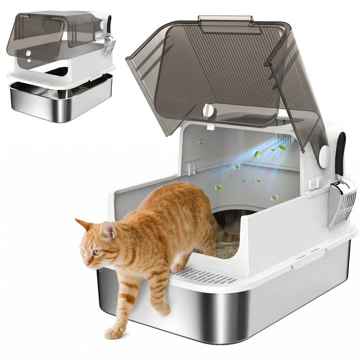 PawHut Katzenklo XXL Edelstahl mit Deckel 52L für grosse Katzen Weiss | Katzentoilette für Mehrere K