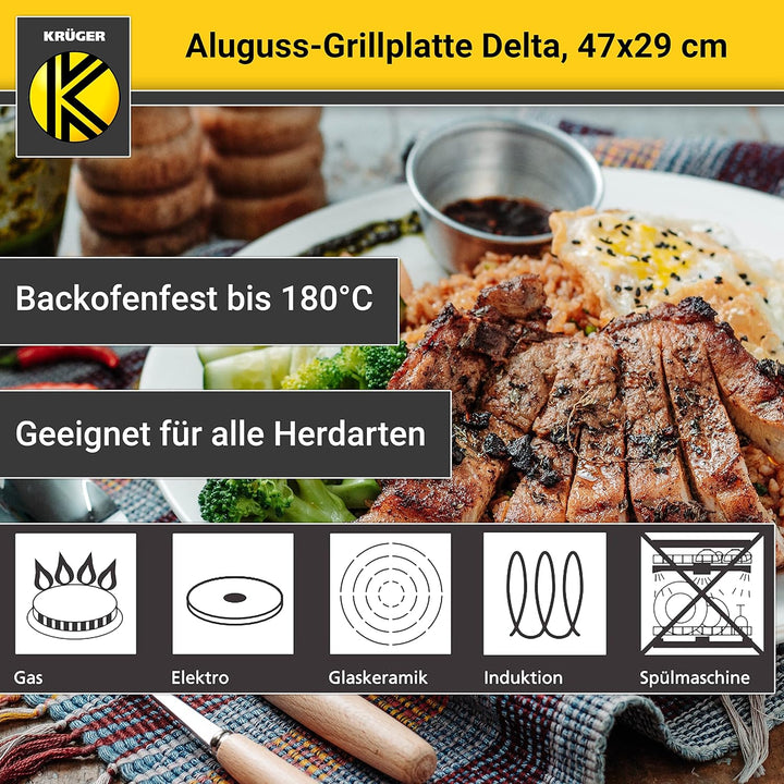 Krüger Aluguss-Grillplatte Delta 47x29cm - Grill-Platte mit Antihaft-Versiegelung und halbseitigem R