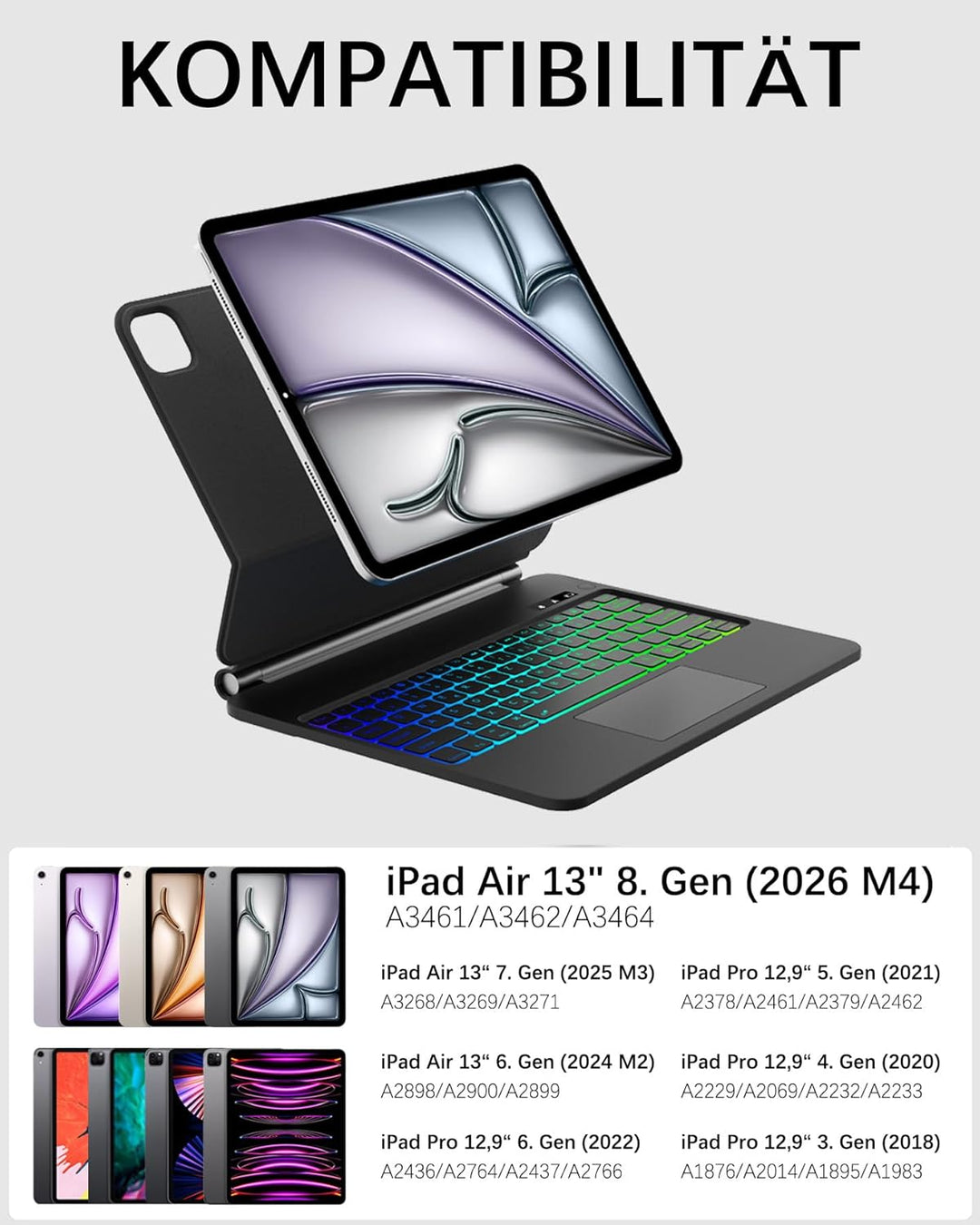 Magic Keyboard Case für iPad Air 13" (2026 M4) - Deutsch QWERTZ mit 7-Farben RGB & Trackpad - Kompat