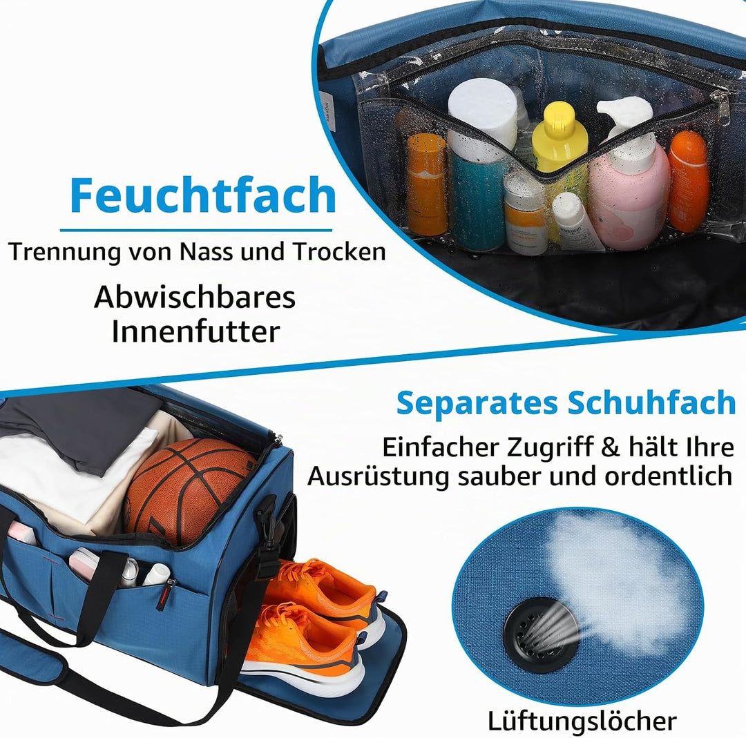 55L Sporttasche &amp; Reisetasche für Herren Gross - mit Schuhfach &amp; Nassfach - Trainingstasche, Tasche