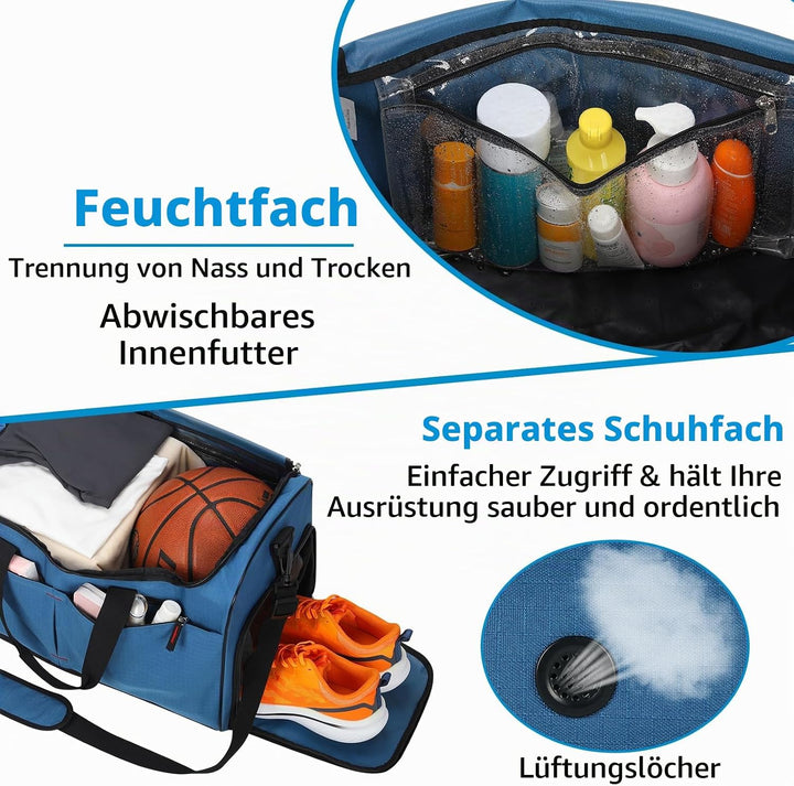 55L Sporttasche &amp; Reisetasche für Herren Gross - mit Schuhfach &amp; Nassfach - Trainingstasche, Tasche