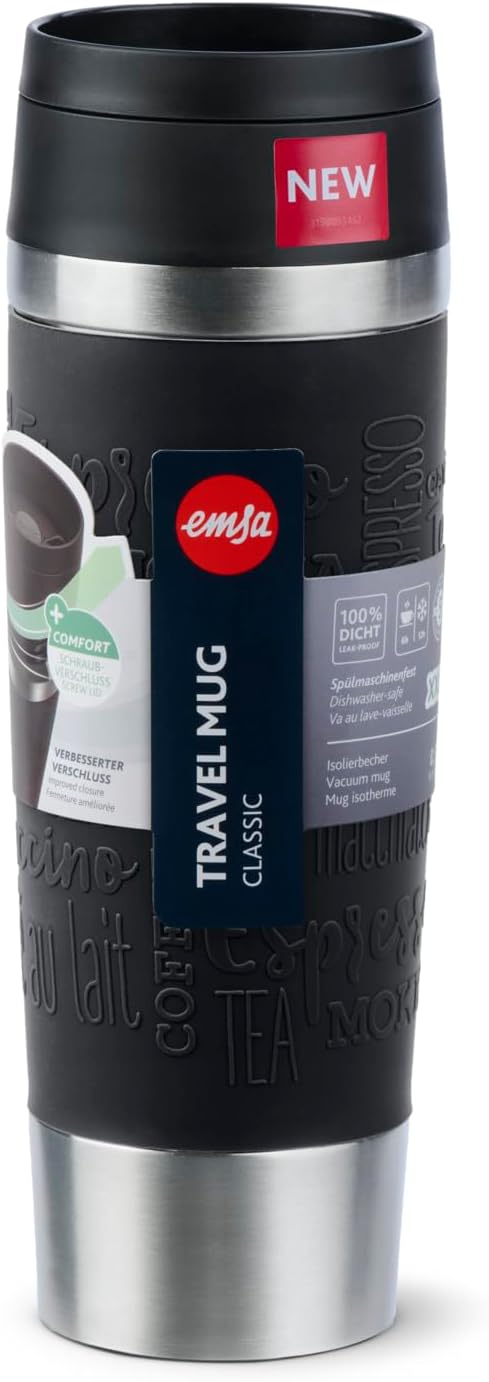 Emsa N20220 Travel Mug Classic Isolierbecher 0,5 Liter | neuer Komfort-Schraubverschluss | Edelstahl