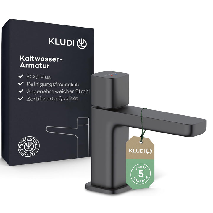 KLUDI-X3 Waschtischarmatur Kaltwasser, Auslaufhöhe 80 mm, wassersparender Wasserhahn Bad Schwarz Mat