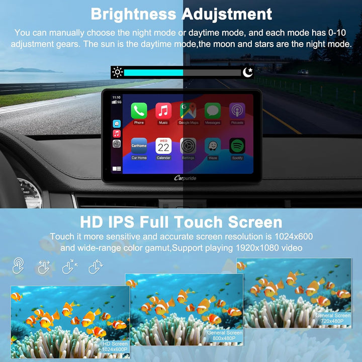 Carpuride C3 Wireless Apple Carplay & Android Auto Autoradio, Tragbares 7 Zoll HD Touchscreen Auto S