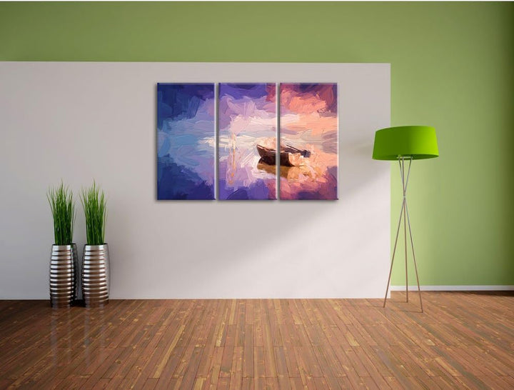Pixxprint Einsames Boot auf See Pinsel Effekt 3-Teiler Leinwandbild 120x80 Bild auf Leinwand