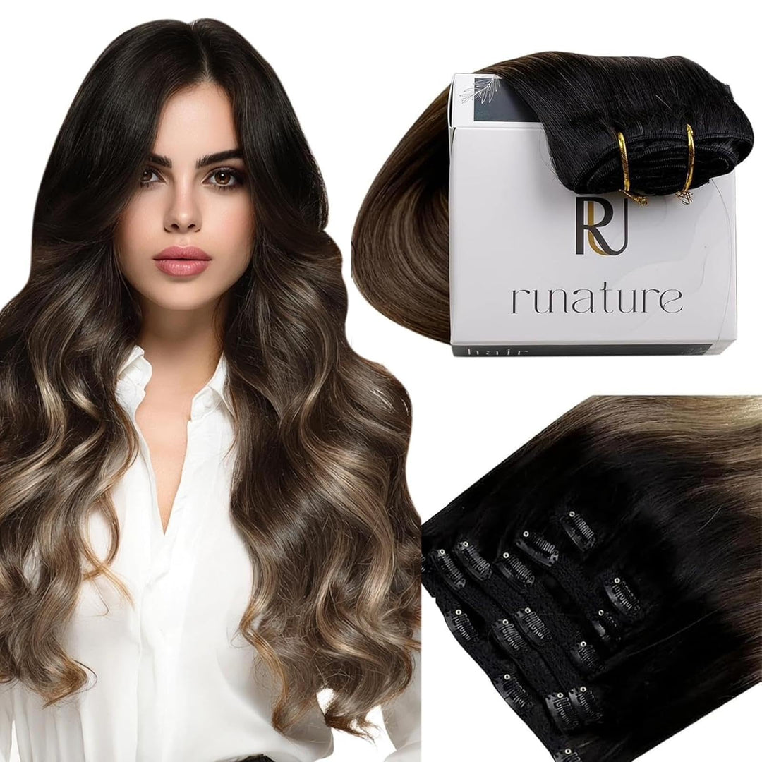 RUNATURE Echthaar Extensions Clip Schwarz Balayage 35cm 7pcs Ombre Glatt Echte Haare 120g 
