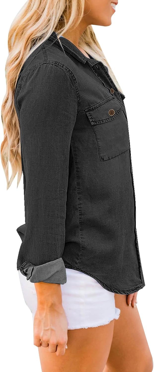 Damen Jeanshemd - Damen Western Hemden Tunika Langarm Button Down Oberteile XL Schwarz, XL Schwarz