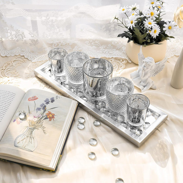 Toptime Teelichthalter Set, 5 Stück Kerzenhalter Glas mit Tablett und Glasstein, Romantische Silbern