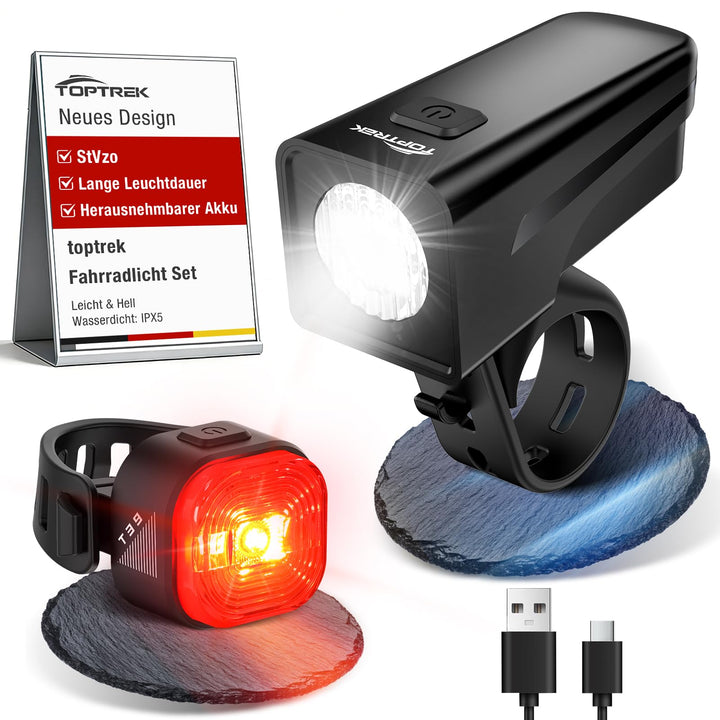 toptrek Fahrradlicht Set USB Aufladbar, StVZO Zugelassen Fahrrad Lichter LED Set, IPX5 Wasserdicht F