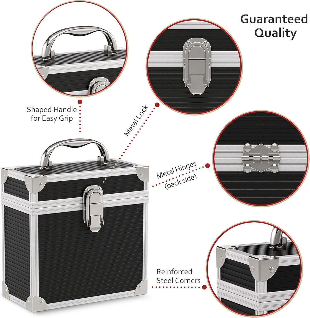 17,8 cm grosser Aluminiumkoffer für bis zu 35 EPs (in PVC-Taschen) und 35 Aussentaschen für Schallpl