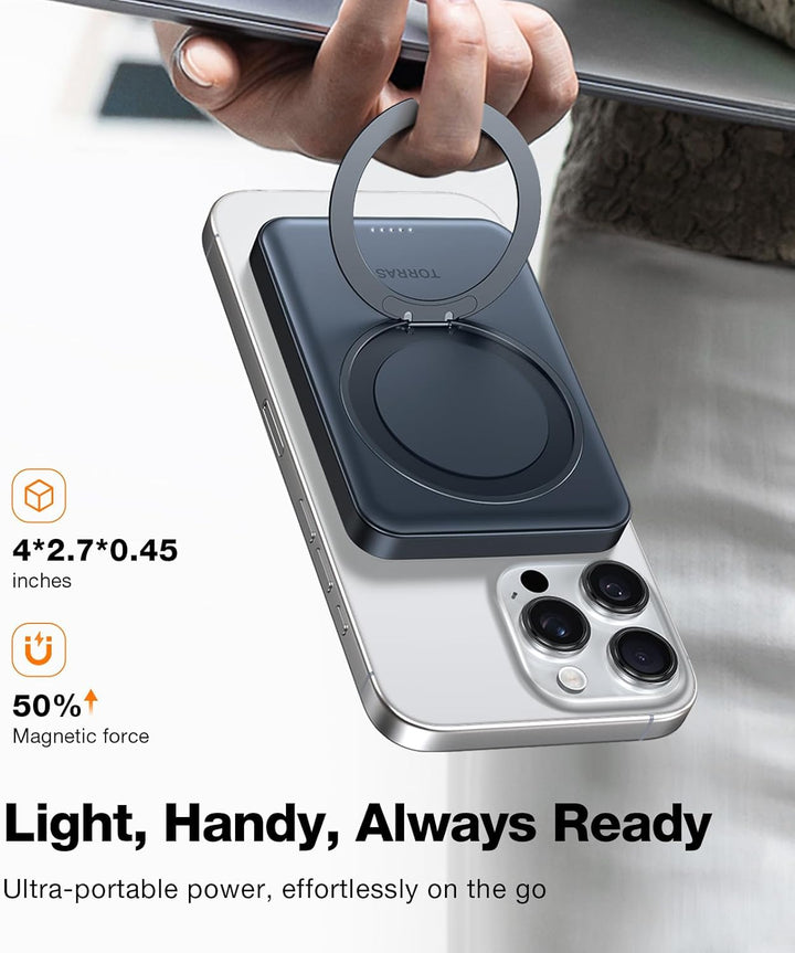 TORRAS Ultra Dünn Power Bank für Magsafe mit 360° Ostand Ring Magnetische Powerbank für iPhone 15/14