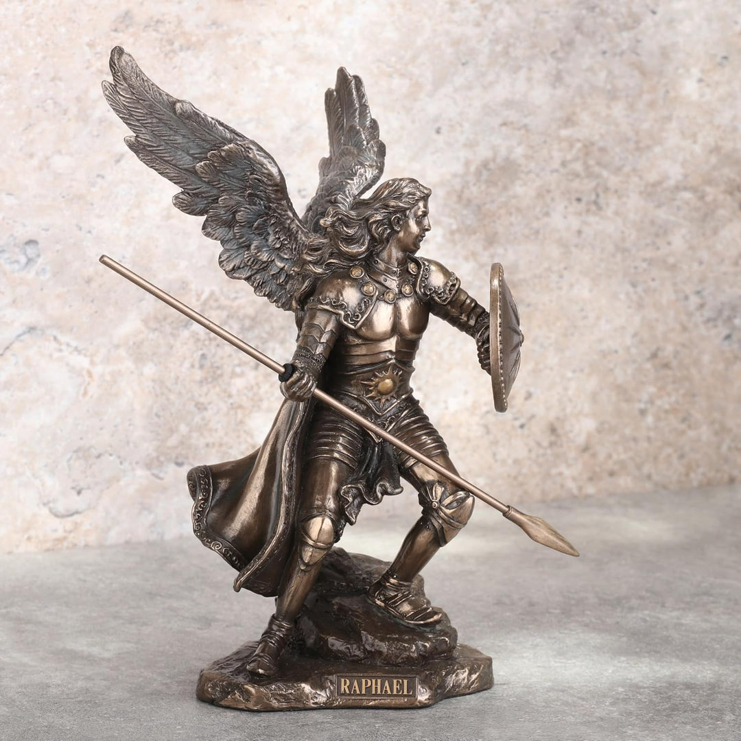 Unicorn Archangel Raphael God Has Healed Holding Shield and Spear Bronze Statue Figurine