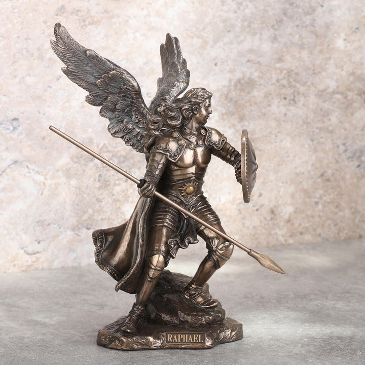 Unicorn Archangel Raphael God Has Healed Holding Shield and Spear Bronze Statue Figurine