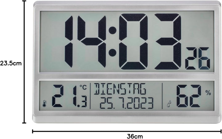 TFA Dostmann XL Wanduhr digital, 60.4520.54, mit Temperatur und Luftfeuchtigkeit, Wochentag (8 Sprac