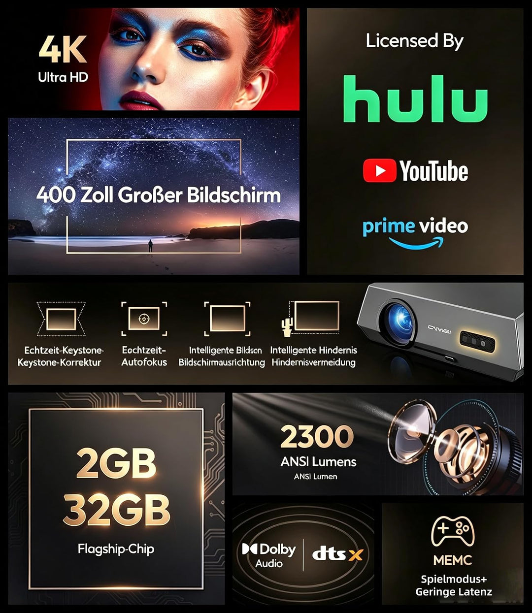 Beamer 4K Heimkino 2300 ANSI Tageslicht Beamer mit WiFi6, Bluetooth5.2, Autofokus Full HD LED Smart