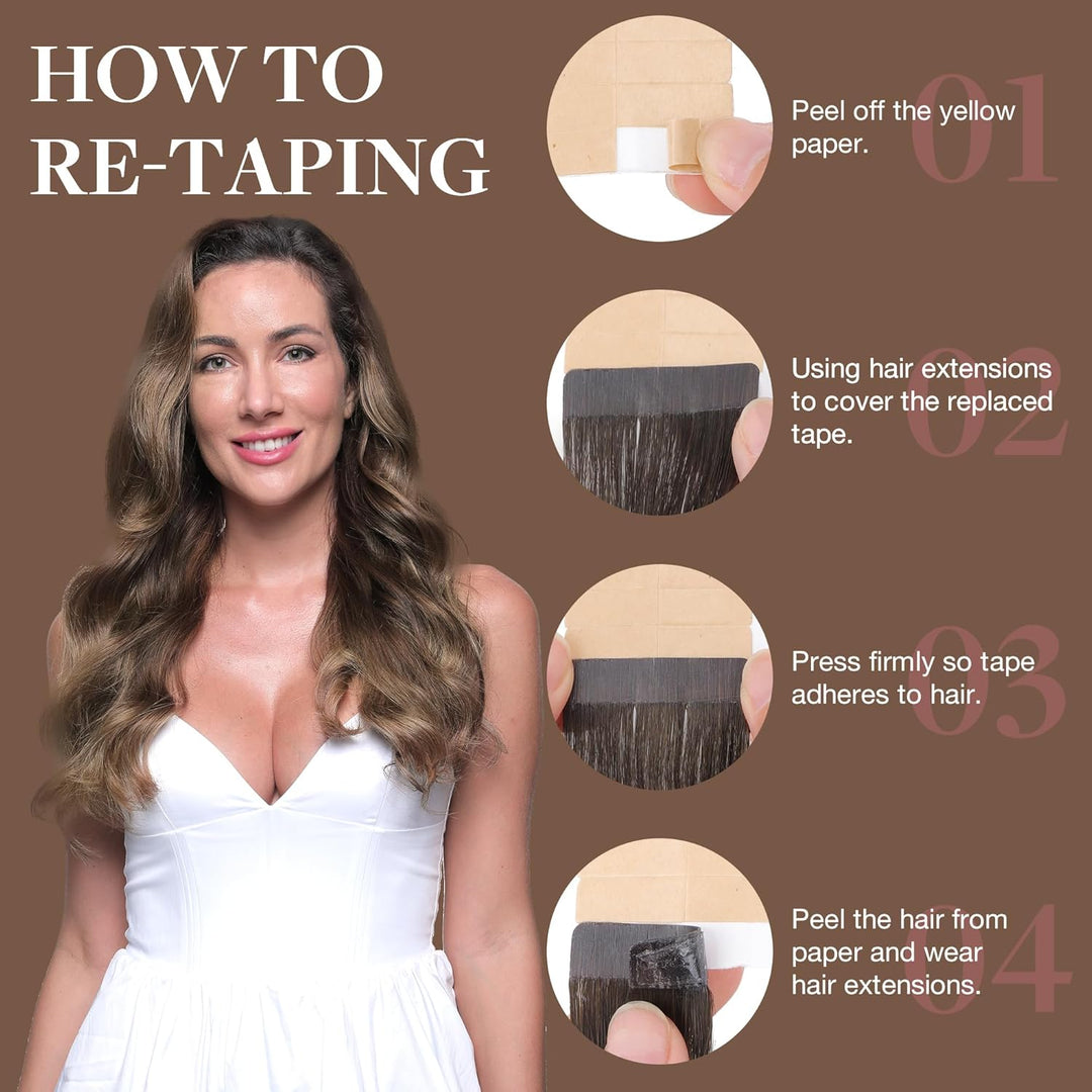 GOO GOO Tape in Extensions Echthaar, Balayage Schokoladenbraun Gemischter Honig Blond 20pcs 50g 35cm