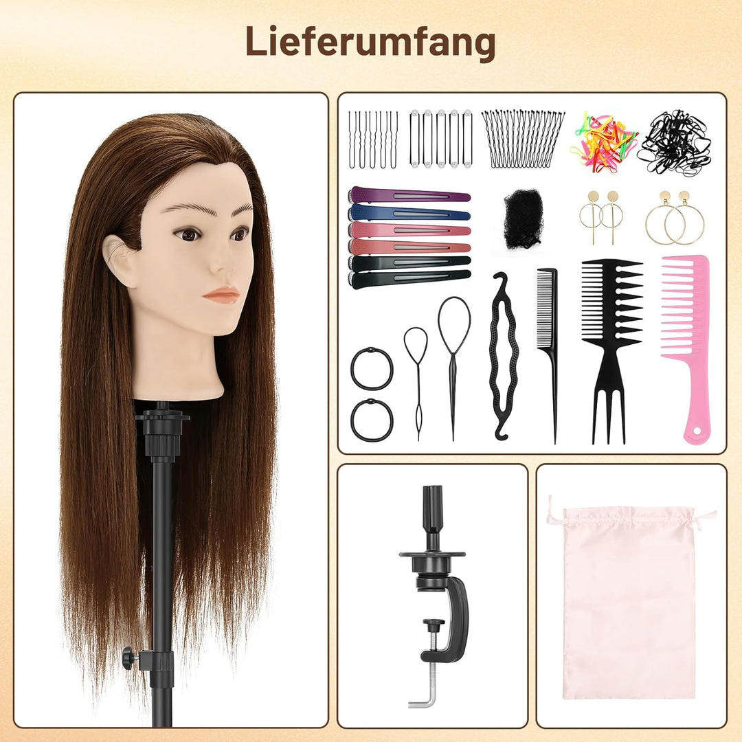 TwoWin Friseurkopf Echthaar mit Ohrlöchern, 60 cm (24 Zoll) 80% Haaren Mannequin Frisierkopf, Traini