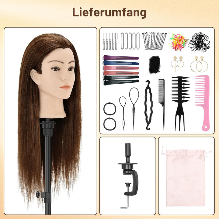TwoWin Friseurkopf Echthaar mit Ohrlöchern, 60 cm (24 Zoll) 80% Haaren Mannequin Frisierkopf, Traini