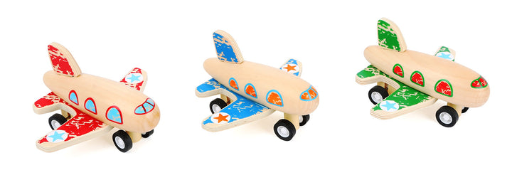 small foot Display Buntes Rückziehflugzeug aus Holz in drei verschiedenen Ausführungen, 6 Stück, ab
