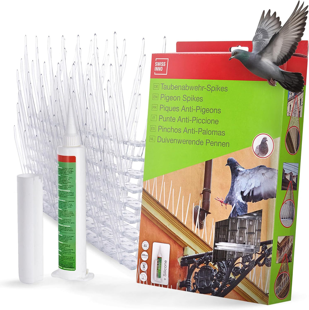 SWISSINNO Taubenabwehr-Spikes, Kunststoff, 300 cm inklusiv Silikontube, Gebrauchsfertig, Taubenabweh