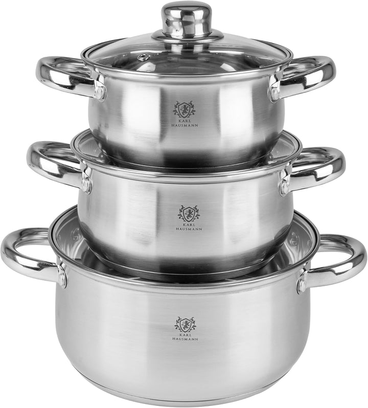 Topfset Induktion 3-teilig, Kochtopf Set mit Glasdeckel, Edelstahl mattiert, Induktions Töpfe Set un