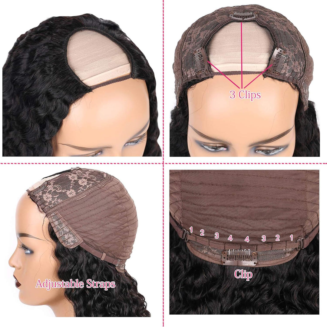 Daimer U Part Wig Brazilian Deep Curly Human Hair Extension Clip In Half Wigs None Lace Front Machin