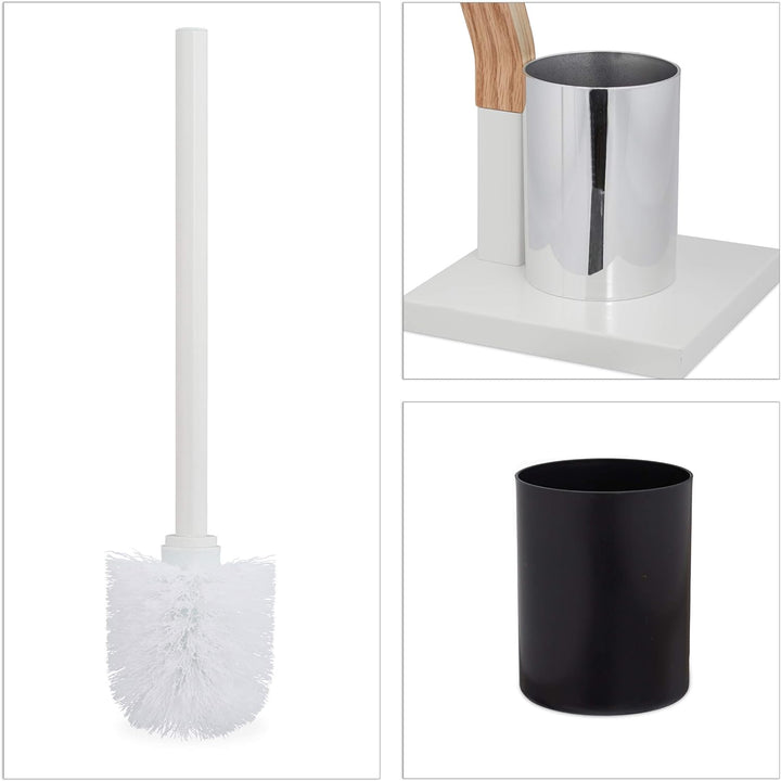 Relaxdays WC Garnitur stehend, Holz und Stahl, Toilettenpapierhalter mit Bürste, HBT 75 x 18,5 x 18,