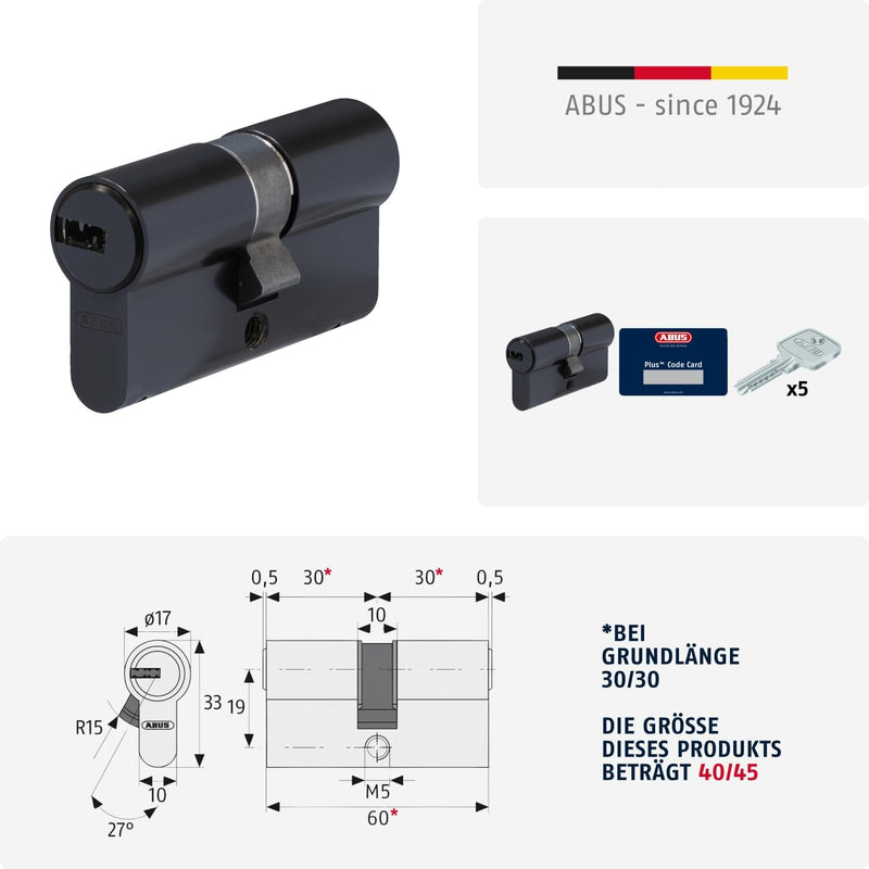 ABUS Profil-Zylinder D6XBL 40/45 mit Codekarte und 5 Schlüsseln - 96807 - schwarz Schwarz 40/45, Sch