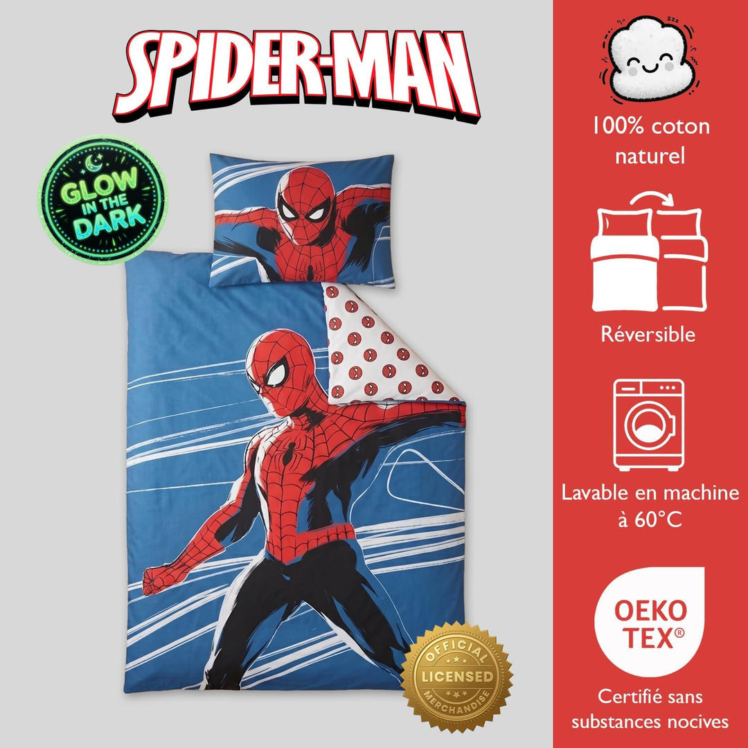 Spiderman-Bettwäsche-Set für Kinderbett 100x135 cm + Kissenbezug 40x60 cm, 100% Baumwolle, nachtleuc