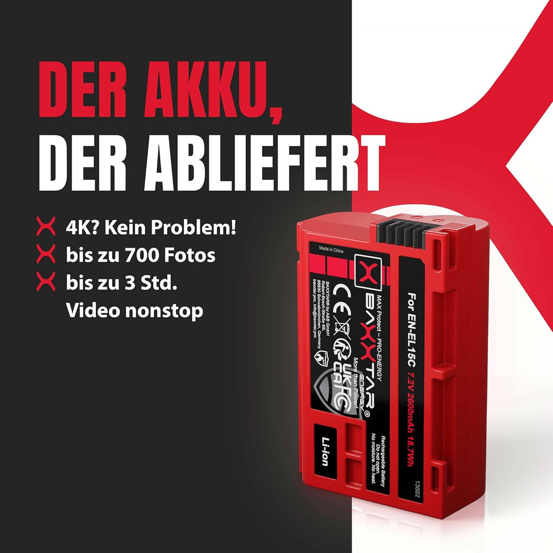 Baxxtar MaxProtect EN-EL15c Kamera-Akku (2400mAh) mit aktivem NTC-Sensor und V1 Gehäuse - auch für Z