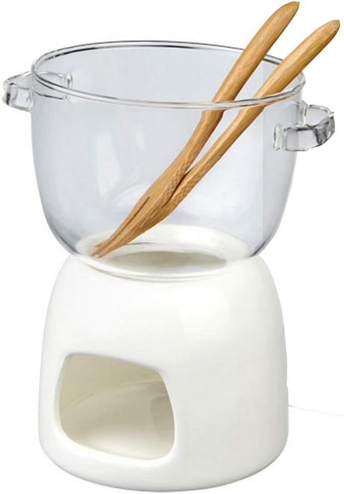 TAMUME 350 ml Glas Schokoladenfondue-Set, Packung mit Glasfonduetopf und Porzellanwärmer mit Fondueg